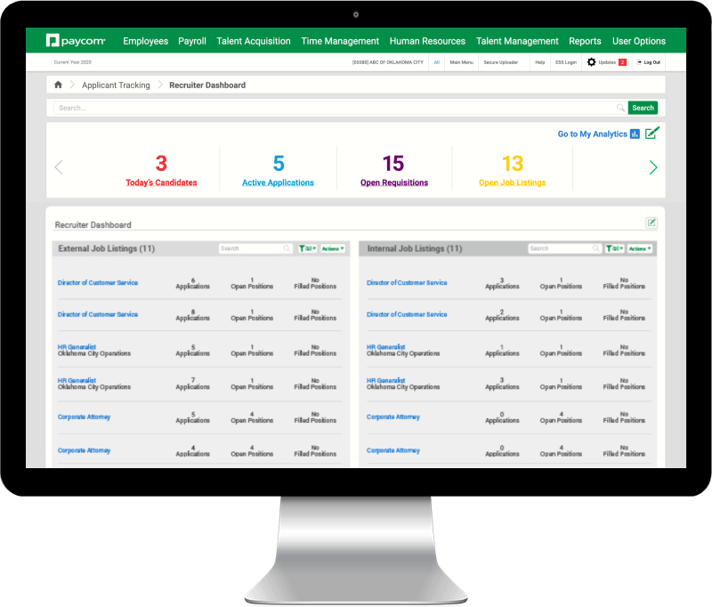 Paycom Applicant Tracking dashboard 