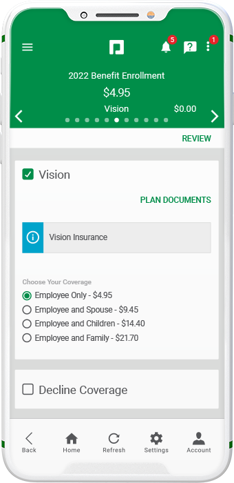 Paycom Benefits Administration product screen on mobile device