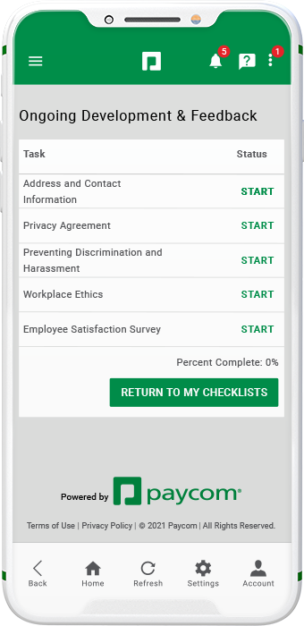 Paycom Documents and Checklists product screen on mobile device