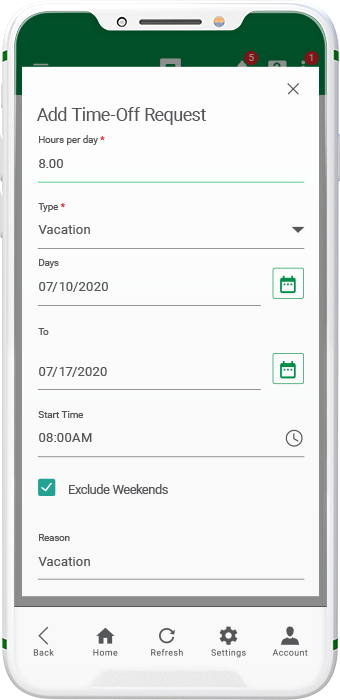 Paycom Time-Off-Requests screen on mobile device