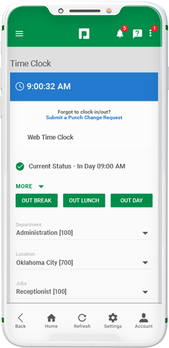 Paycom time clock product on mobile device